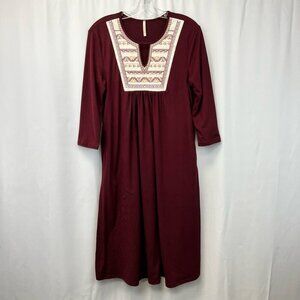 Lime N Chili Womens Dress Maroon Pockets Midi Embroidered 3/4 Sleeve USA S